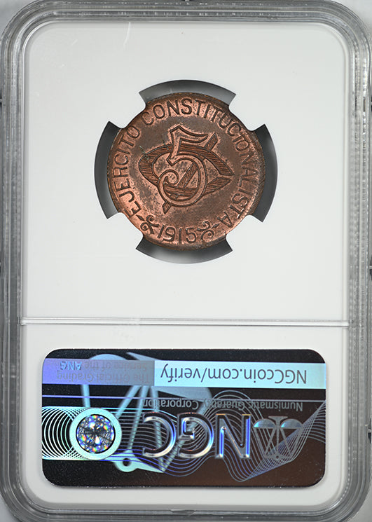 1915 Mexico 5C Centavos Chihuahua Copper Liberty Cap NGC MS63RB