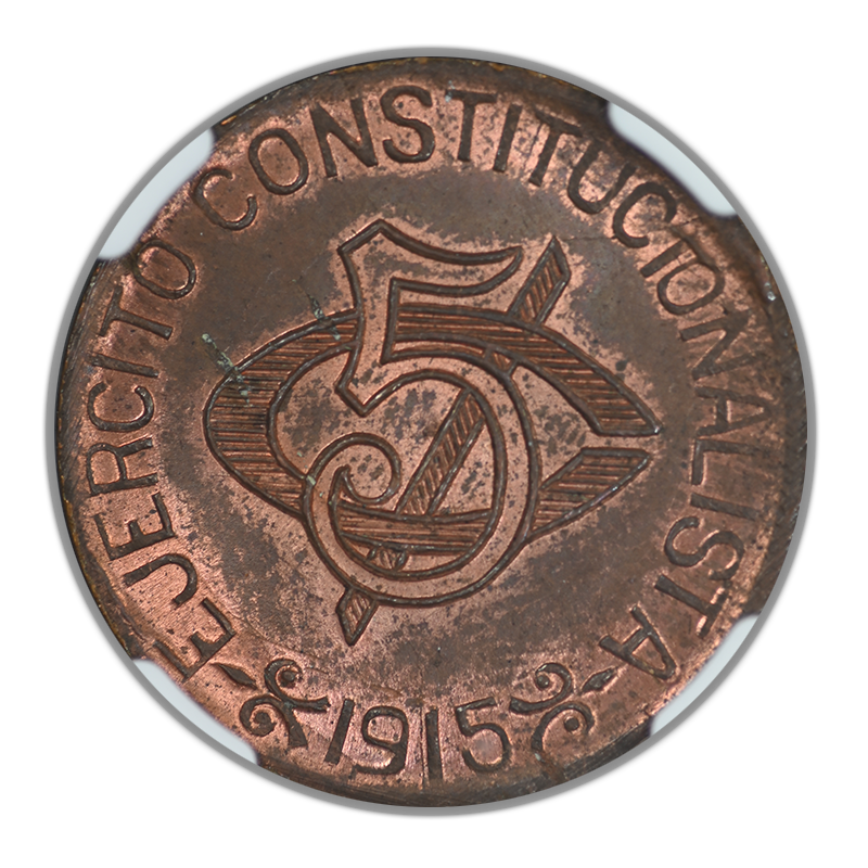 1915 Mexico 5C Centavos Chihuahua Copper Liberty Cap NGC MS63RB