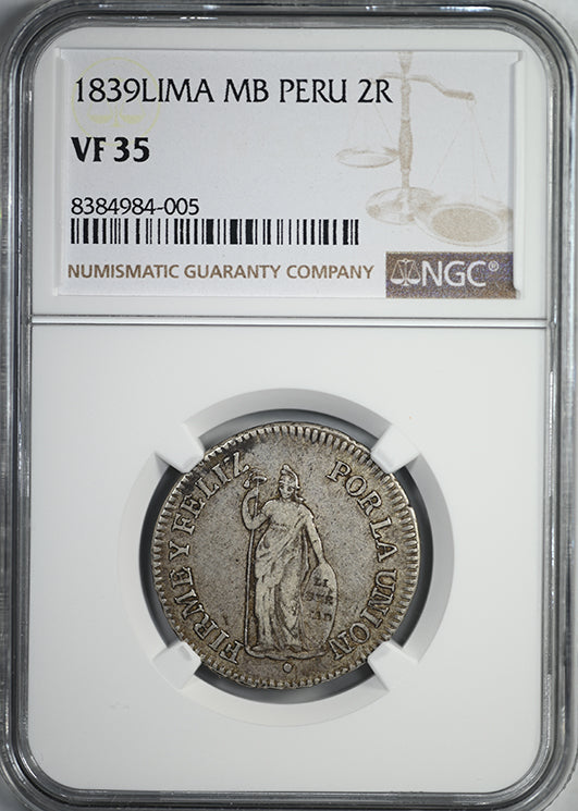 1839 Lima MB Peru 2R Reales NGC VF35