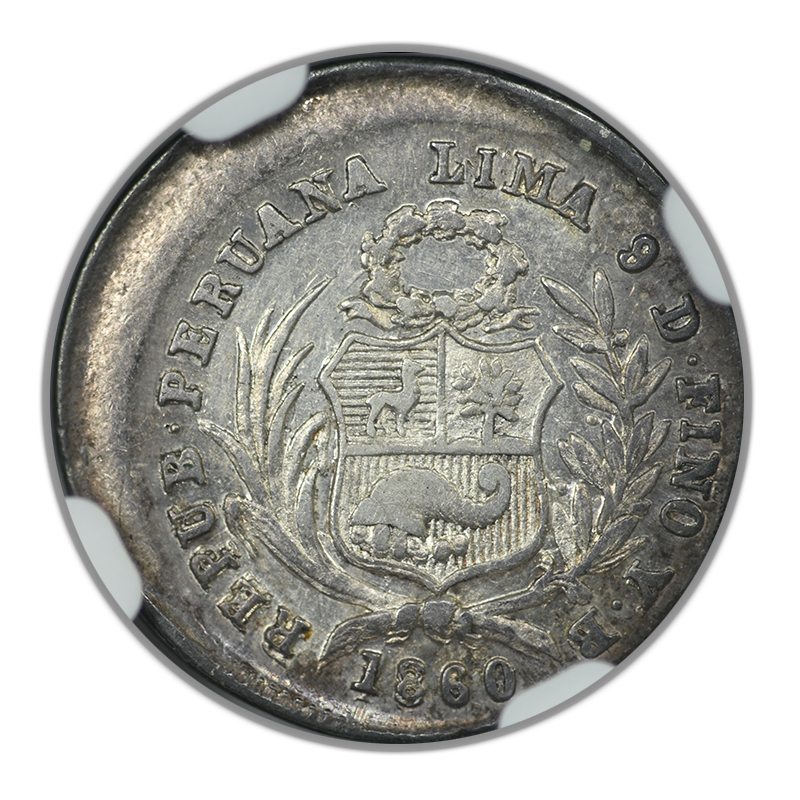 1860 YB Peru 1/2R Real NGC Mint Error AU53 Broadstruck