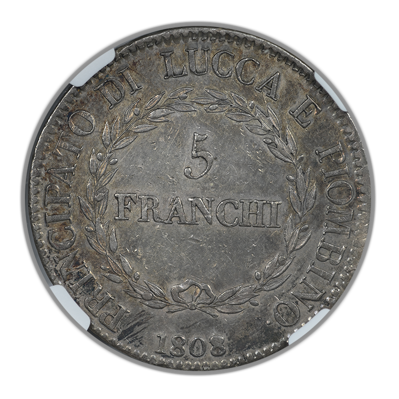 1808/7 Italy 5 Franchi Lucca & Piombino NGC AU55