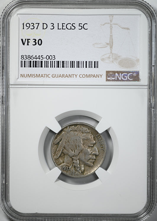 1937-D Buffalo Nickel 5C NGC VF30 - 3 Legs