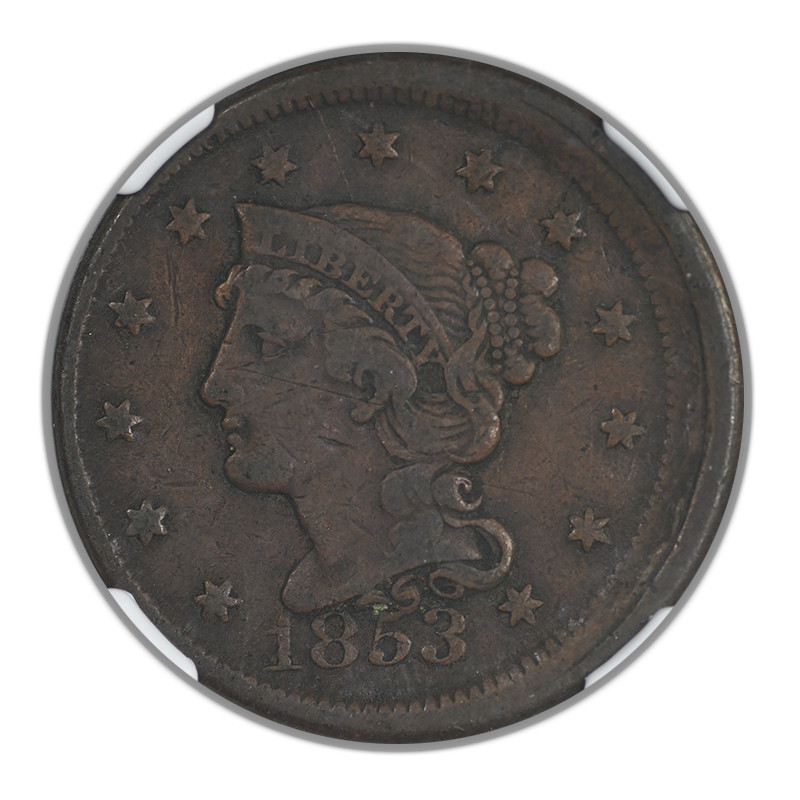 1853 Braided Hair Liberty Head Large Cent 1C NGC Mint Error XF40BN Obverse Misaligned Die