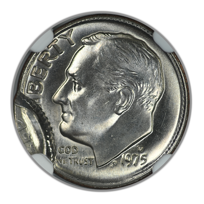 1975-D Roosevelt Dime 10C NGC Mint Error MS66 Partial Collar Obverse Brockage
