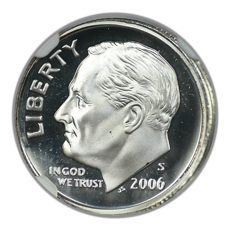 2006-S Proof Silver Roosevelt Dime 10C NGC Mint Error PF69 Ultra Cameo Finned Rim Obverse