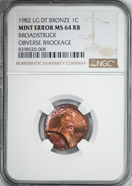 1982 Large Date Bronze Lincoln Memorial Cent 1C NGC Mint Error MS64RB Broadstruck Obverse Brockage