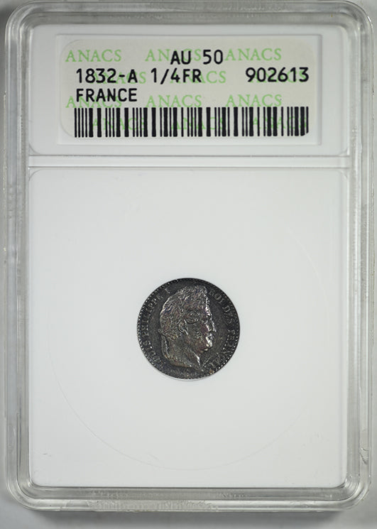 1832-A France 1/4FR Franc ANACS Soapbox AU50 - TONED!