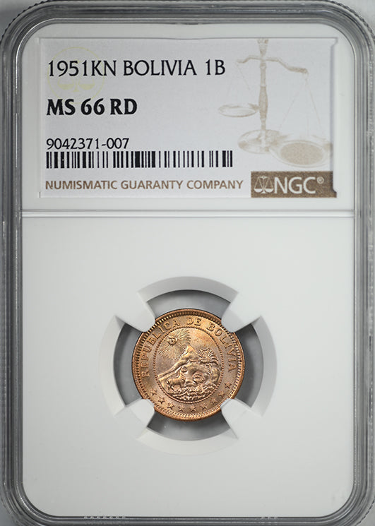 1951 KN Bolivia 1B Boliviano NGC MS66RD