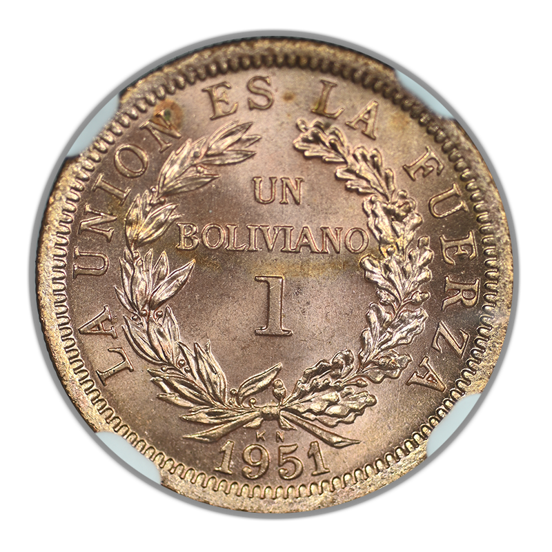 1951 KN Bolivia 1B Boliviano NGC MS66RD