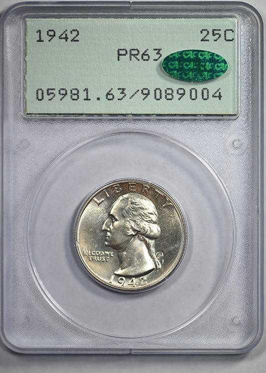1942 Proof Washington Quarter 25C PCGS Rattler PR63 CAC