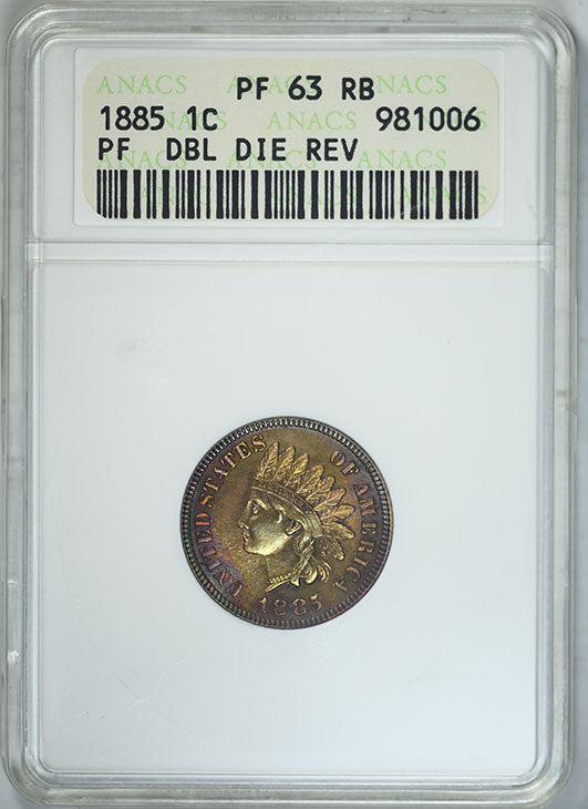 1885 Proof Double Die Reverse Indian Head Cent 1C ANACS PF63RB - AWESOME TONING! Obverse Slab
