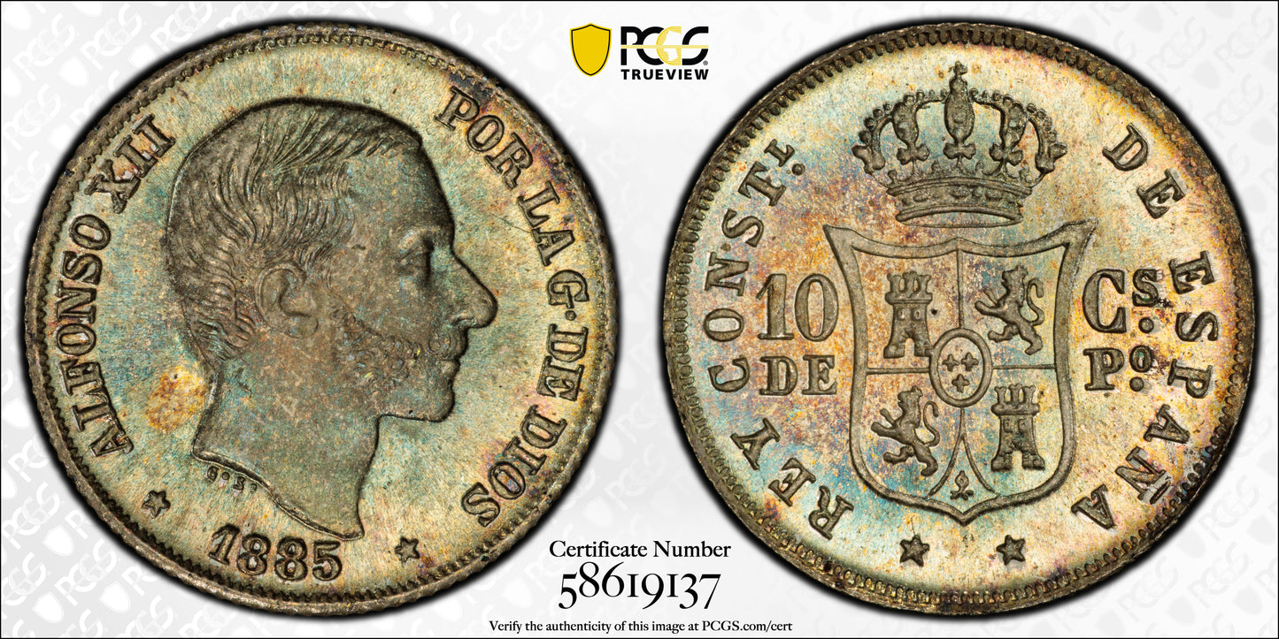 1885 Spanish Philippines 10C Centimos PCGS MS66 - TONED!
