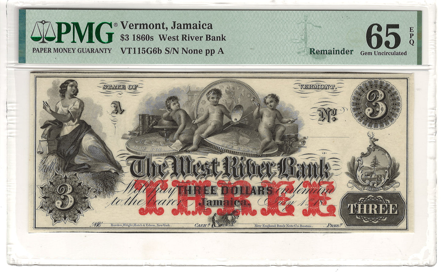 $3 1860s Vermont, Jamaica West River Bank Note PMG Gem Uncirculated 65 EPQ
