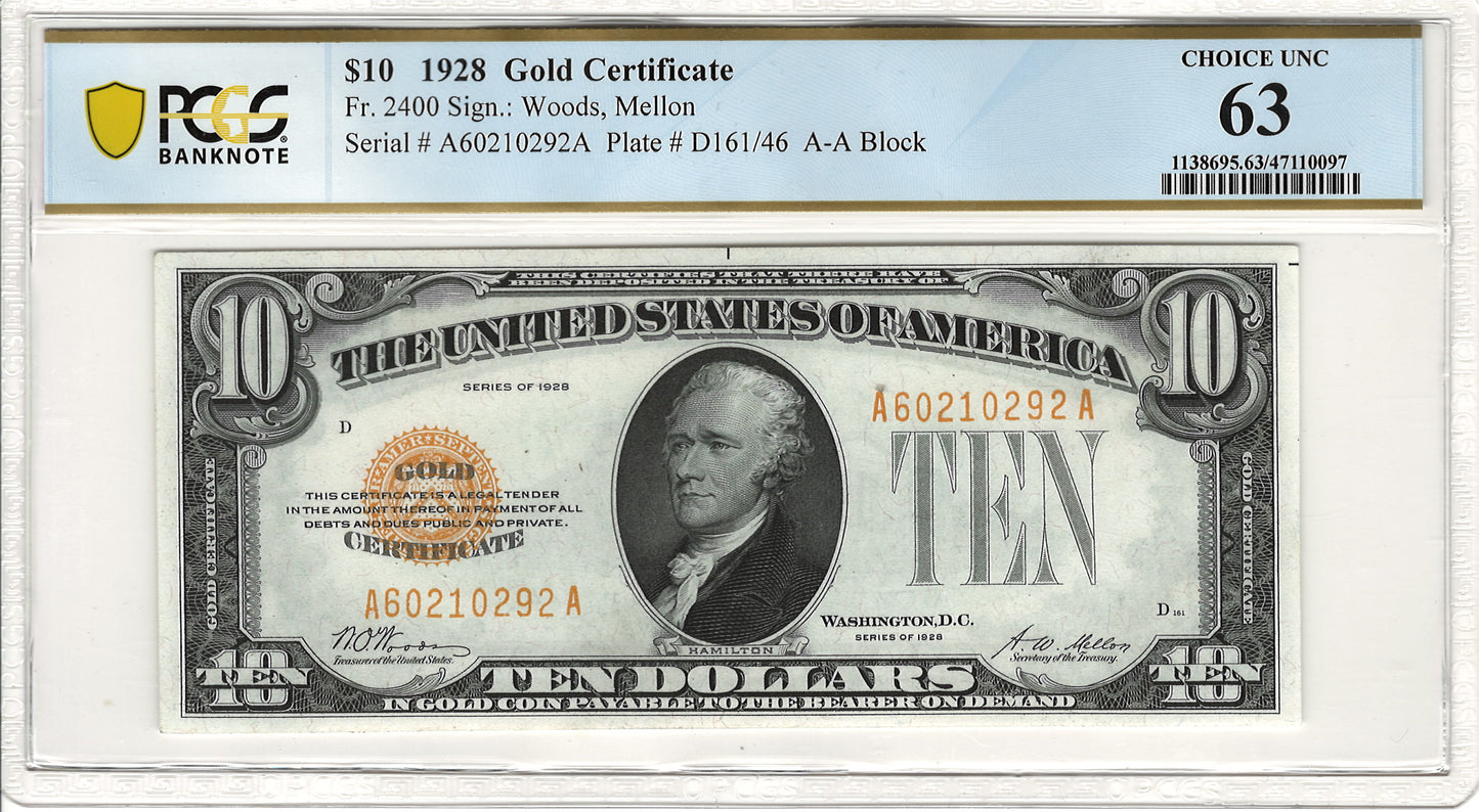 $10 1928 Gold Certificate PCGS Choice UNC 63 Fr. 2400 Front