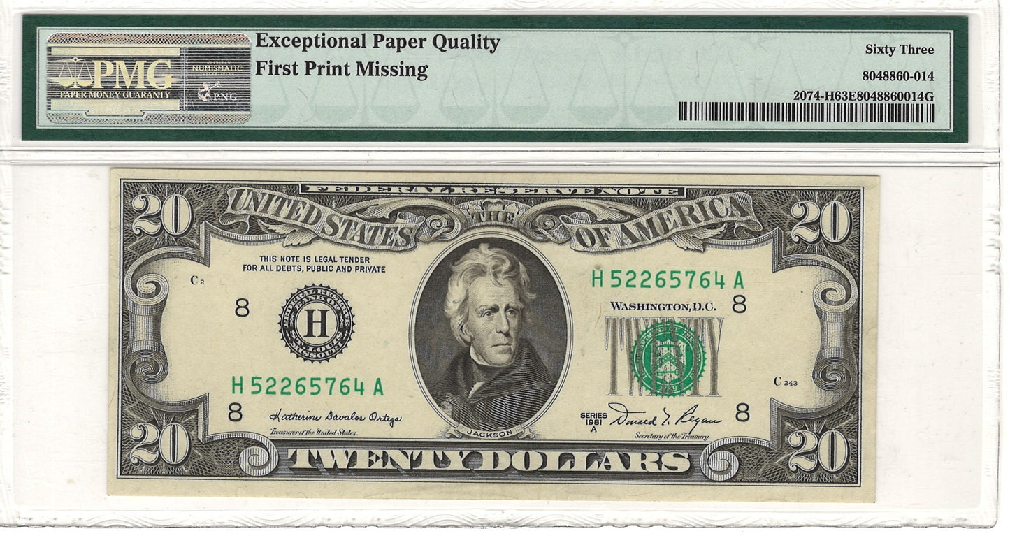 $20 1981A Missing Print Error Federal Reserve Note St. Louis PMG Choice Uncirculated 63 EPQ - Fr#2074-H Back