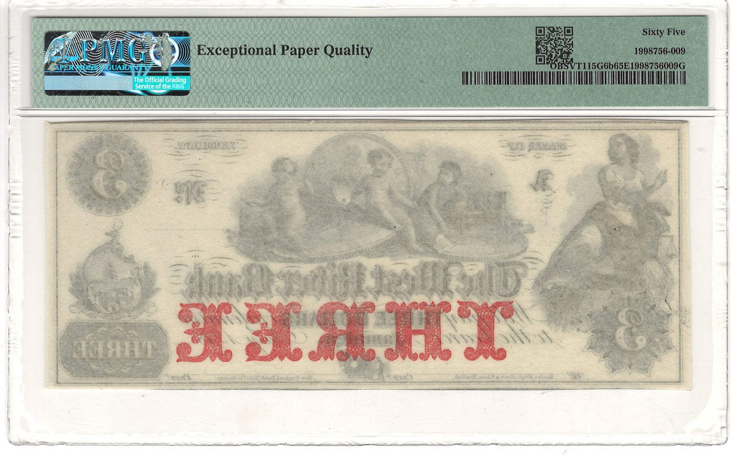 $3 1860s Vermont, Jamaica West River Bank Note PMG Gem Uncirculated 65 EPQ