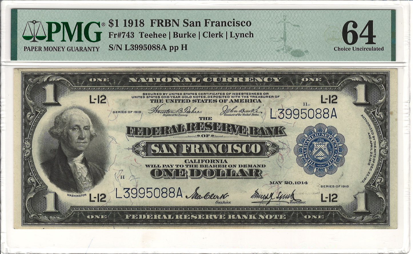 $1 1918 San Francisco Federal Reserve Bank Note PMG Choice Uncirculated 64 Fr#743 Obverse Slab
