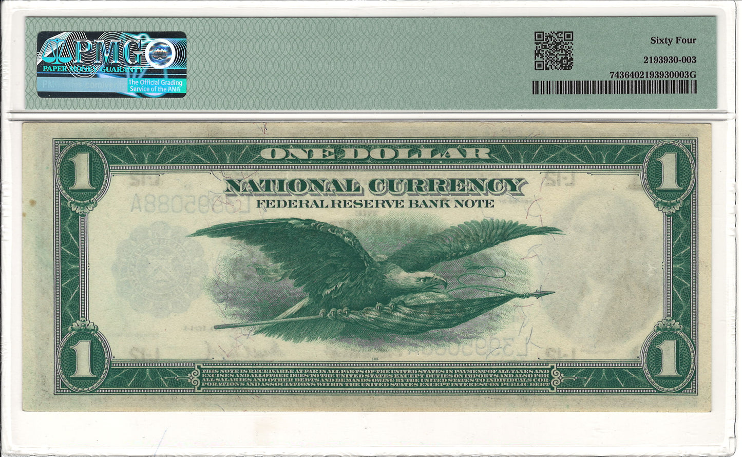 $1 1918 San Francisco Federal Reserve Bank Note PMG Choice Uncirculated 64 Fr#743 Reverse Slab