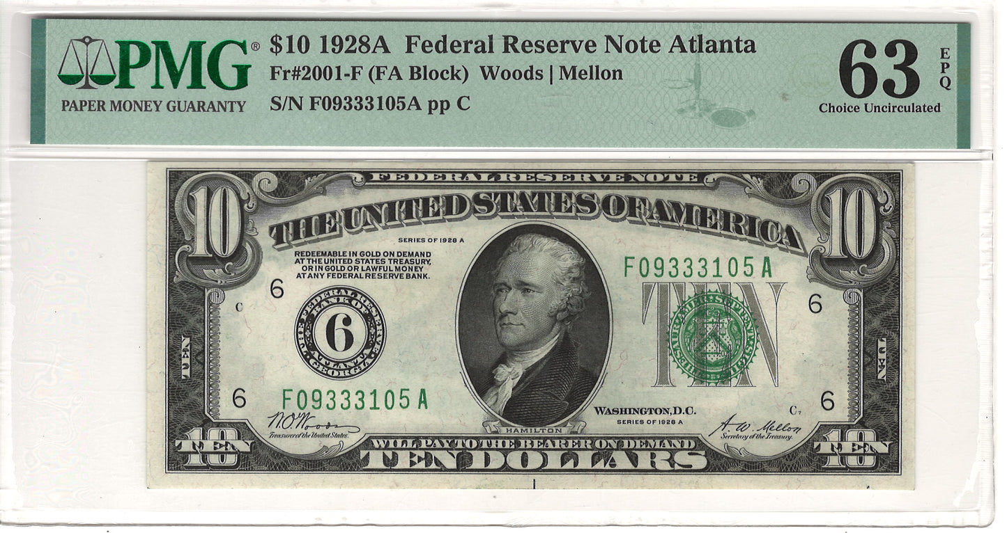 $10 1928A Federal Reserve Note Atlanta PMG Choice Uncirculated 63 EPQ Fr#2001-F (FA Block)