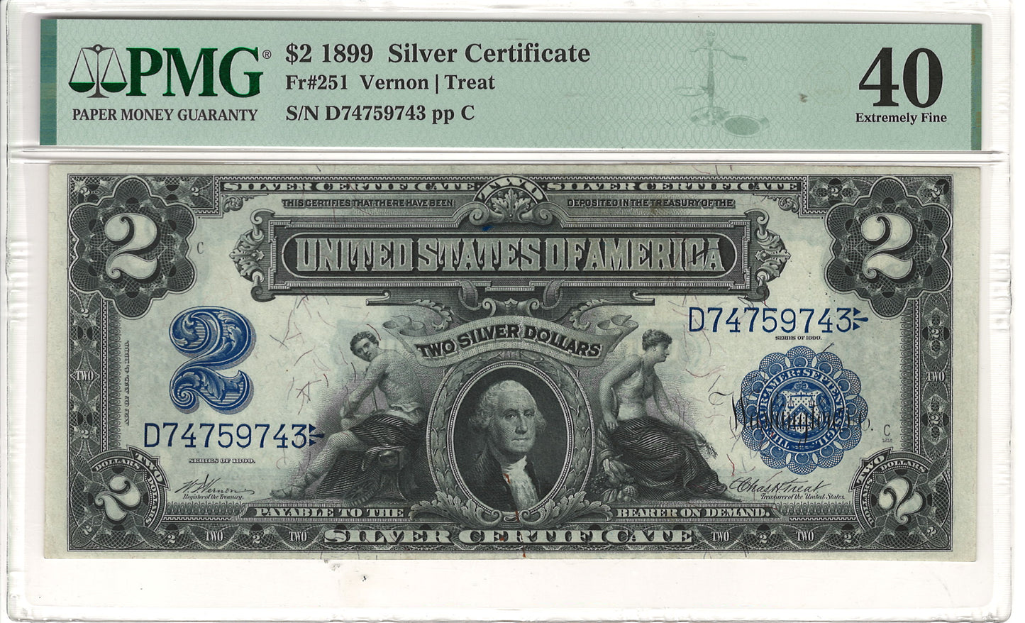$2 1899 Mini Porthole Large Silver Certificate PMG Extremely Fine XF40 Fr#251