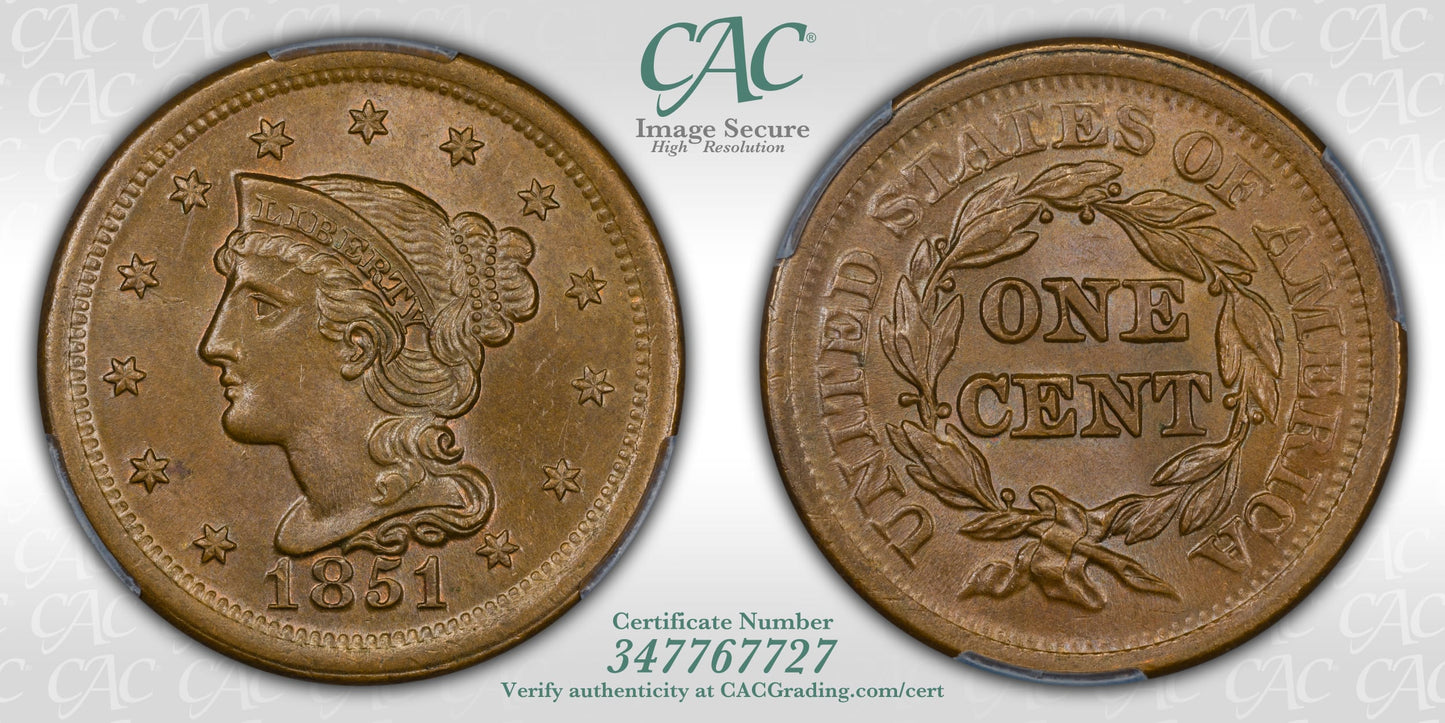 1851 Braided Hair Liberty Head Large Cent 1C CAC MS65BN