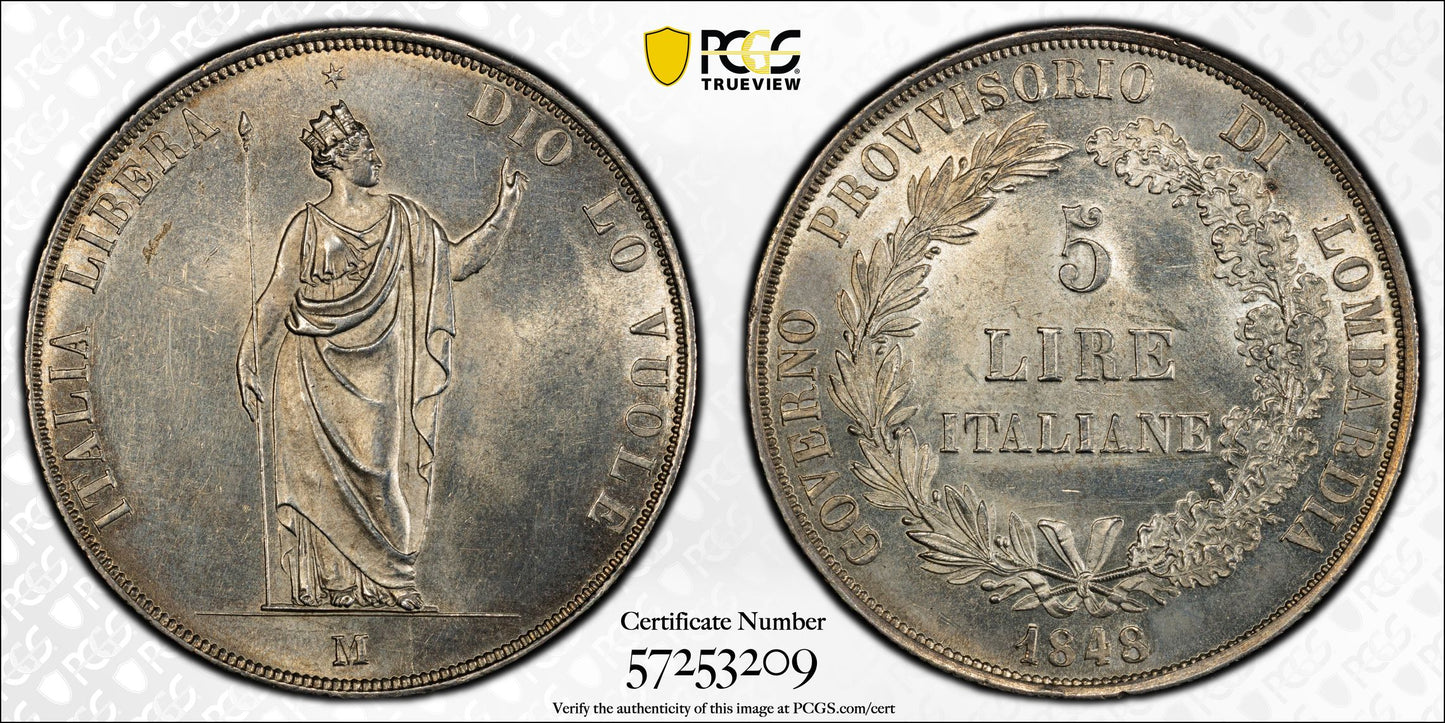 1848-M Italy-Lombardy/Venetia 5L Lire PCGS MS62 - Short Stems KM-22.1