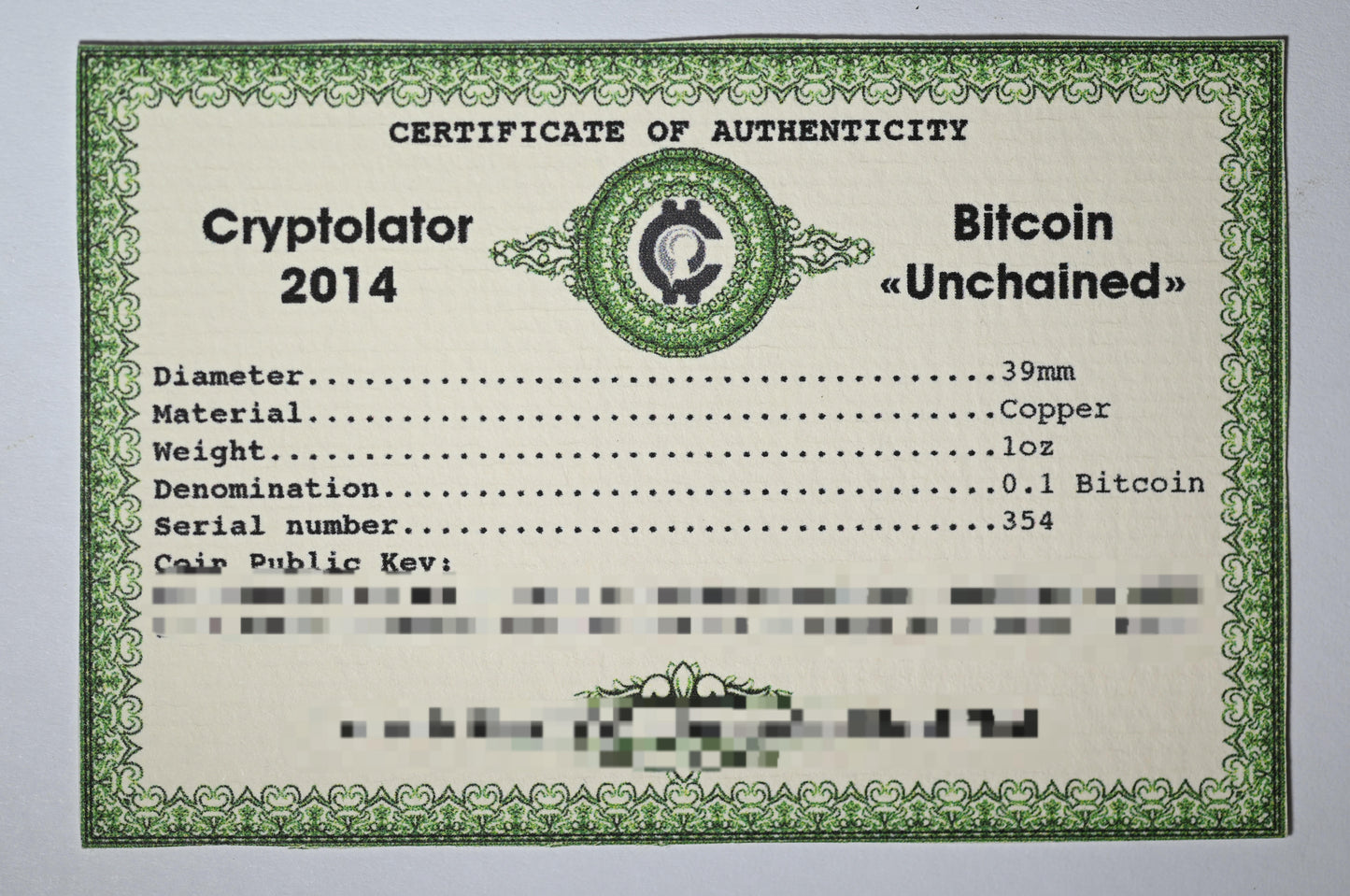 2014 Cryptolator Copper Bitcoin 0.1 BTC ICG MS69 Unfunded