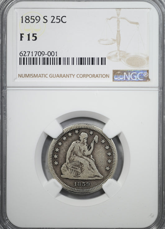 1859-S Liberty Seated Quarter 25C NGC F15 Obverse Slab