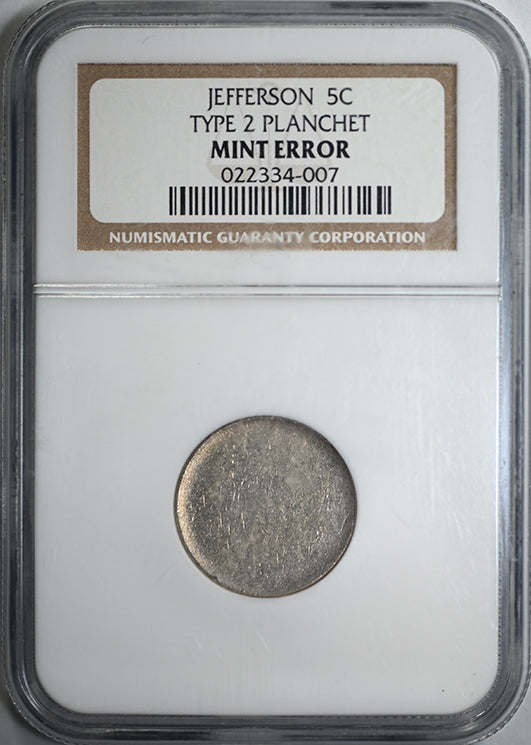 Jefferson Nickel 5C NGC Type 2 Blank Planchet Mint Error