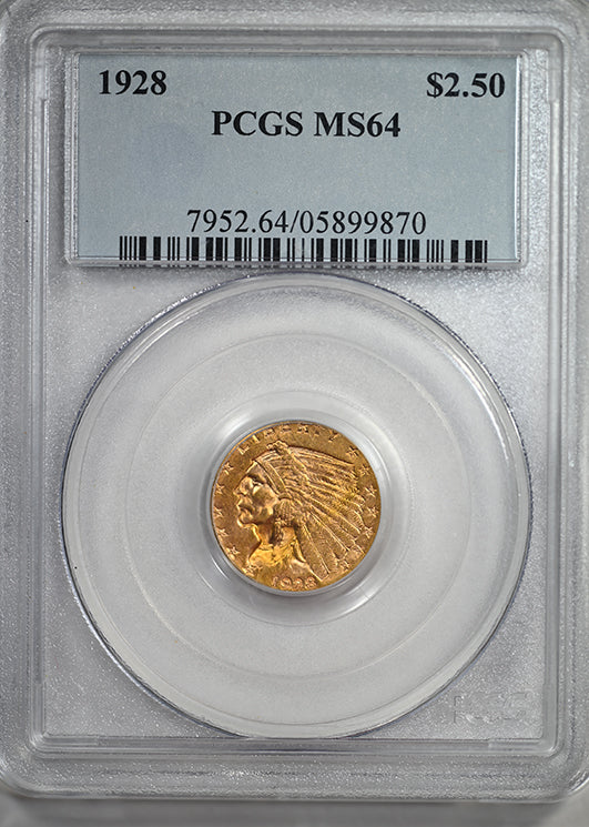 1928 Indian Head Gold Quarter Eagle $2.50 PCGS MS64