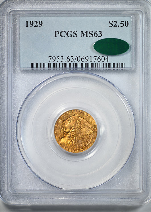 1929 Indian Head Gold Quarter Eagle $2.50 PCGS MS63 CAC - BRIGHT!