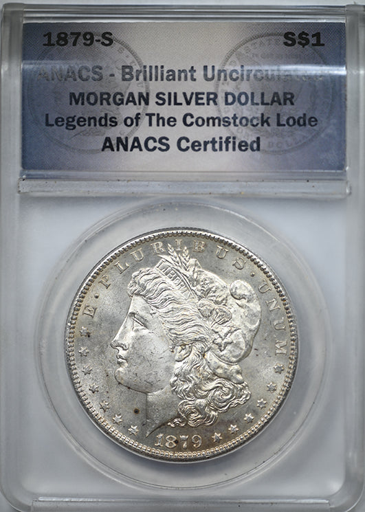 1879-S Morgan Dollar $1 ANACS Brilliant Uncirculated - Legends of The Comstock Lode