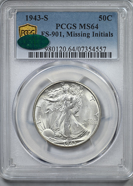1943-S Walking Liberty Half Dollar 50C PCGS MS64 CAC FS-901, Missing Initials