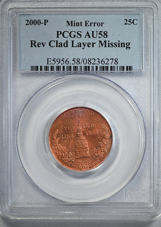 2000-P Washington Maryland State Quarter 25C PCGS AU58 - Reverse Clad Layer Missing