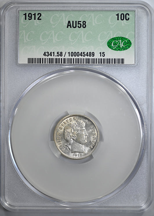 1912 Barber Dime 10C CAC AU58