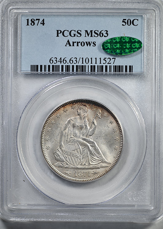 1874 Liberty Seated Half Dollar 50C PCGS MS63 CAC - Arrows