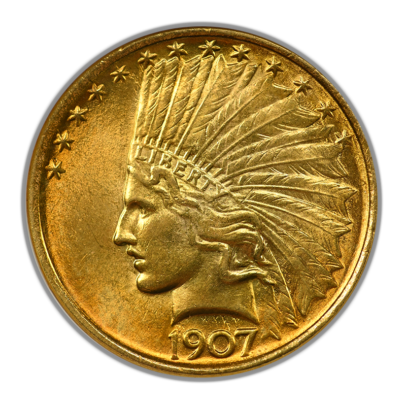1907 Indian Head Gold Eagle $10 NGC Fatty MS62 - No Motto