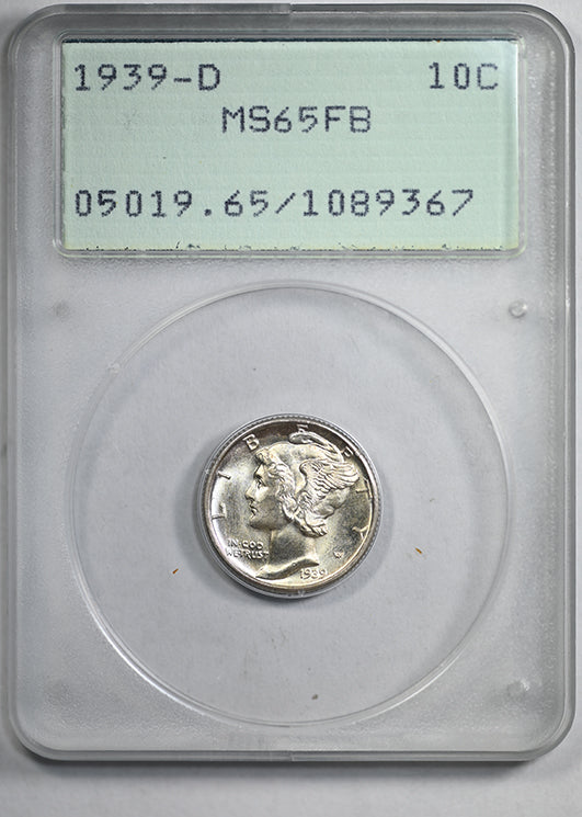 1939-D Mercury Dime 10C PCGS Rattler MS65FB - Full Bands - 108 Serial Number