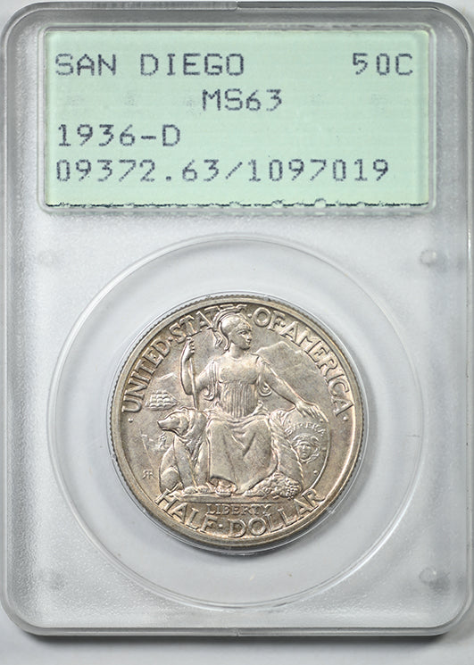 1936-D San Diego Classic Commemorative Half Dollar 50C PCGS Rattler MS63 - "109" Cert Number