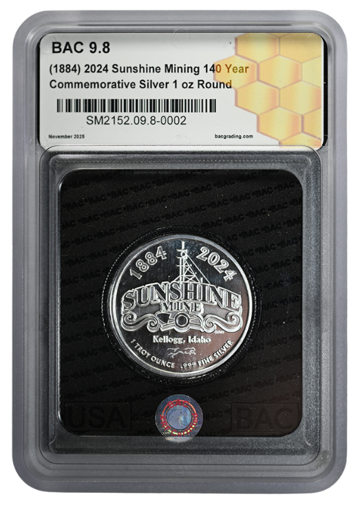 (1884) 2024 Sunshine Mining 140 Year Commemorative 1oz Silver Round BAC 9.8 Oversized Holder