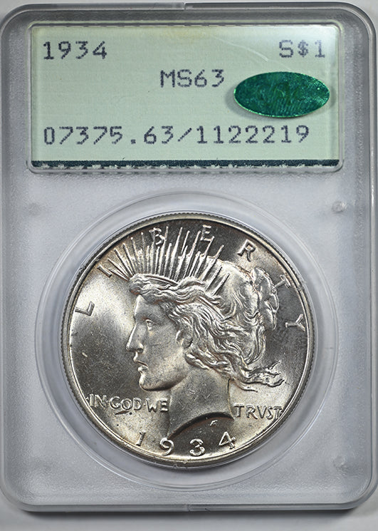 1934 Peace Dollar $1 PCGS Rattler MS63 CAC