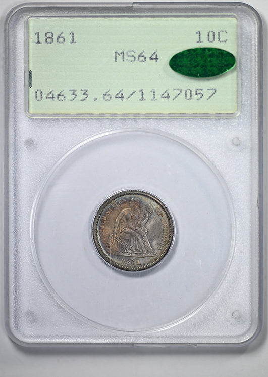 1861 Liberty Seated Dime 10C PCGS Rattler MS64 CAC - TONED!