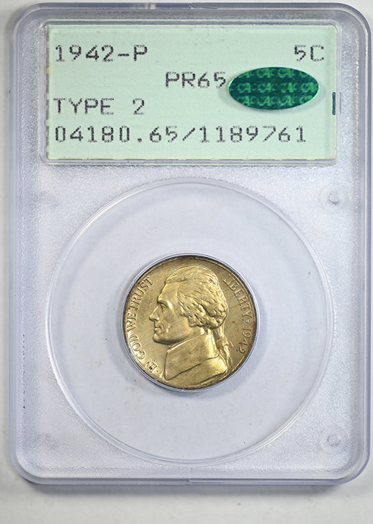 1942-P Proof Jefferson War Nickel 5C PCGS Rattler PR65 CAC - TONED!