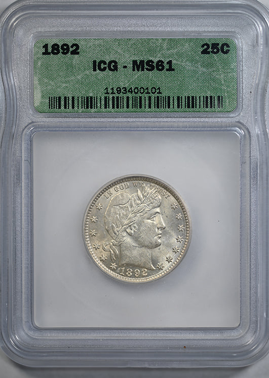 1892 Barber Quarter 25C ICG MS61