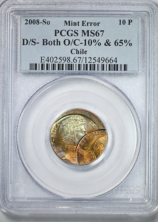 2008-So Chile 10P Pesos PCGS MS67 Mint Error D/S Both O/C 10% &amp; 65% - TONED!