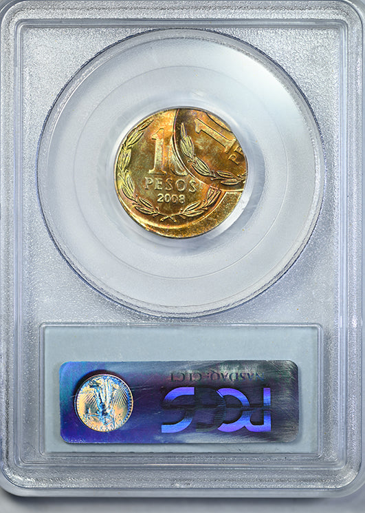 2008-So Chile 10P Pesos PCGS MS67 Mint Error D/S Both O/C 10% & 65% - TONED!