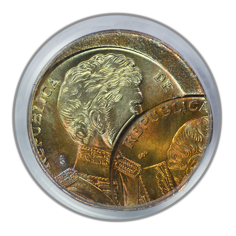 2008-So Chile 10P Pesos PCGS MS67 Mint Error D/S Both O/C 10% & 65% - TONED!