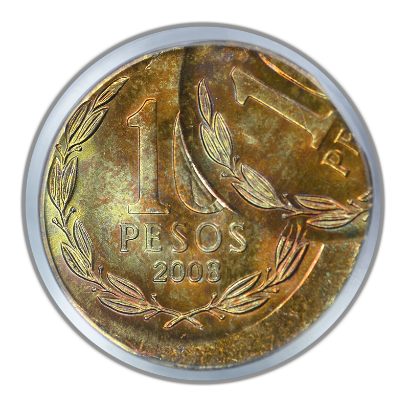 2008-So Chile 10P Pesos PCGS MS67 Mint Error D/S Both O/C 10% & 65% - TONED!