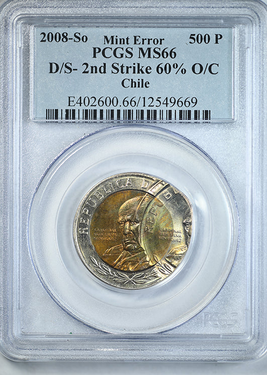 2008-So Chile 500P Pesos PCGS MS66 Mint Error D/S 2nd Strike 60% O/C