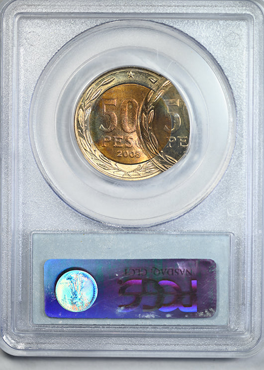 2008-So Chile 500P Pesos PCGS MS66 Mint Error D/S 2nd Strike 60% O/C